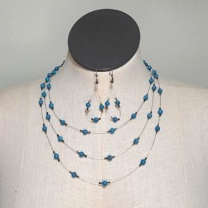 Hand Crafted Necklace & Earring Set Heirloom Sterling Blue Beaded Multistrand